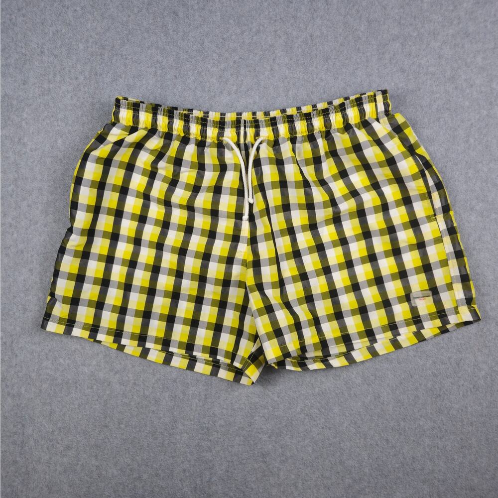 Primo Emporio Mens XL Yellow Black Plaid Swim Shorts Lined Pockets Drawstring
